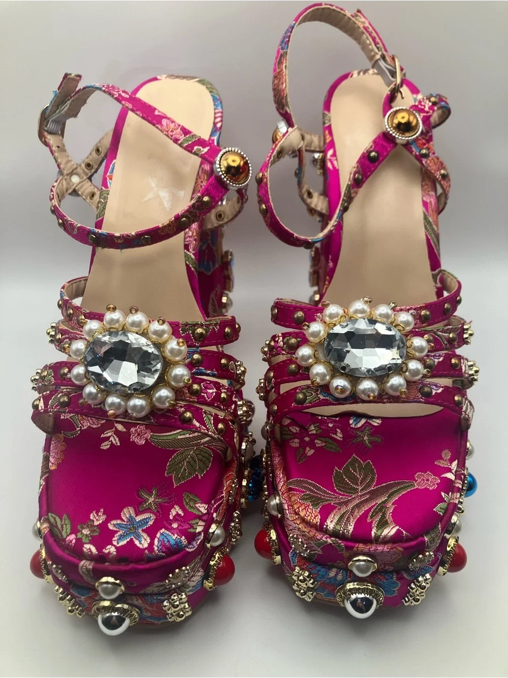 Fuchsia Embellished Platform Sandals with Floral Jacquard